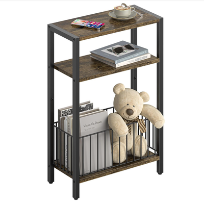 Narrow Side Table with Storage Basket, Small End Table for Small Spaces Skinny Side Tables Living Room Bedroom, Slim Nightstand 3 Tier Bedside Table Space-Saving for Magazine - 16.5" x 8" x 24.5"/Brown